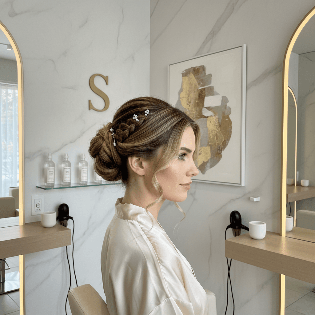Penteado profissional elegante em salão de luxo