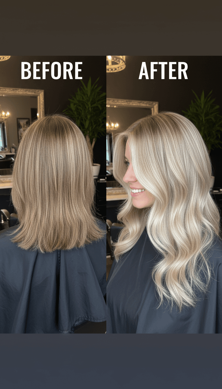 Transformação de cabelo com coloração profissional e balayage em tons dourados