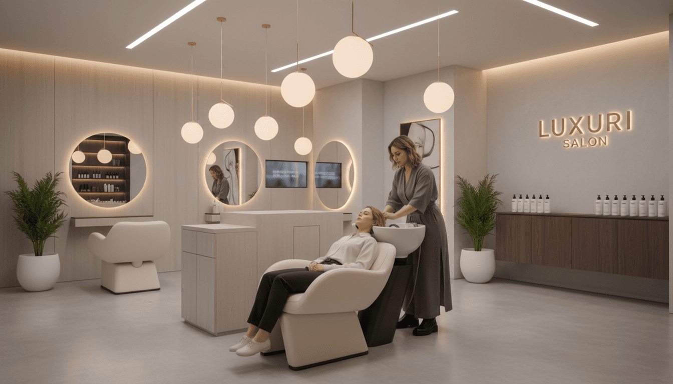 Interior de salão de beleza premium com estética minimalista e iluminação elegante