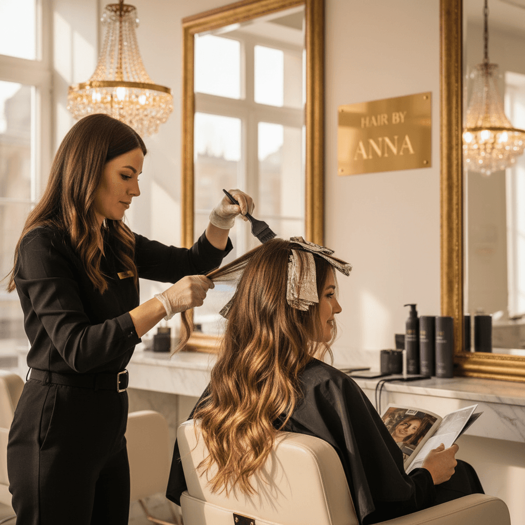 Coloração profissional e balayage em salão de luxo