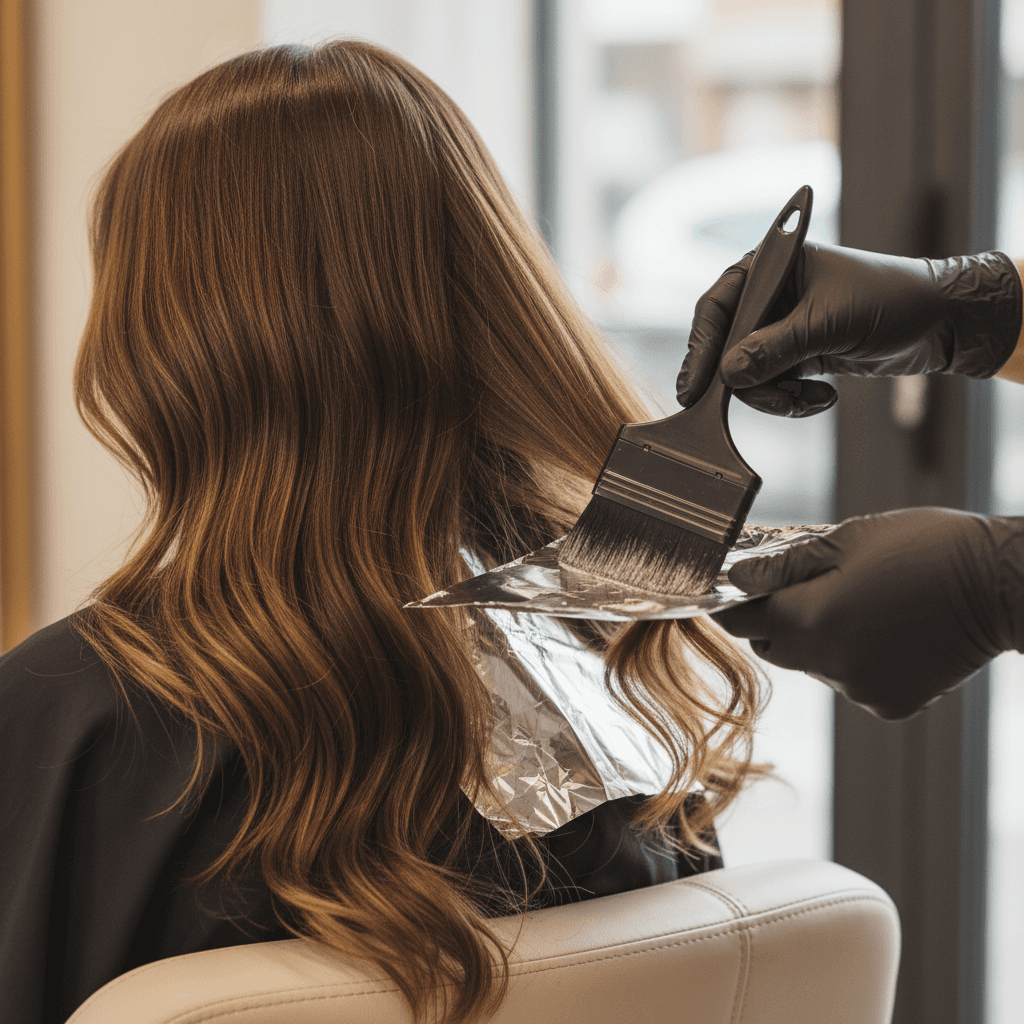 Detalhe de coloração balayage profissional com tons dimensionais