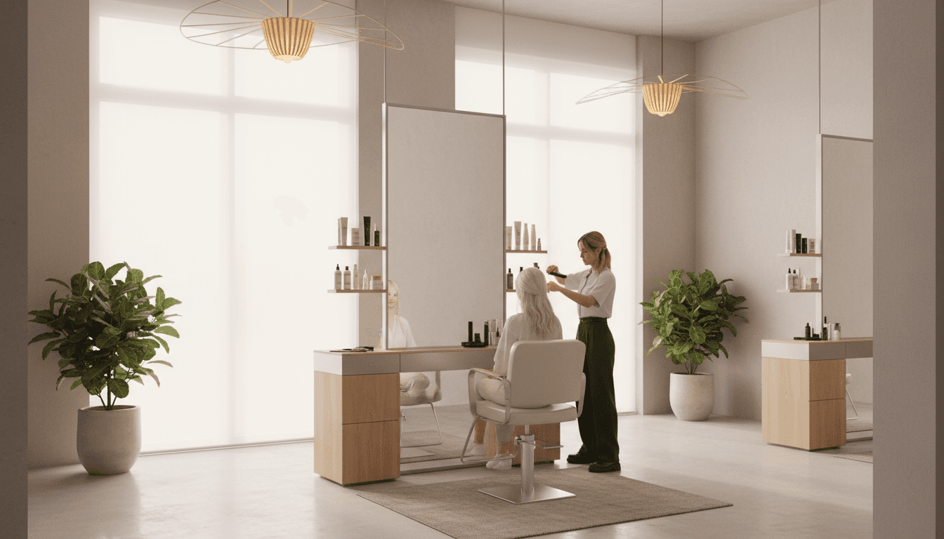 Estúdio de beleza moderno com iluminação quente e estética minimalista