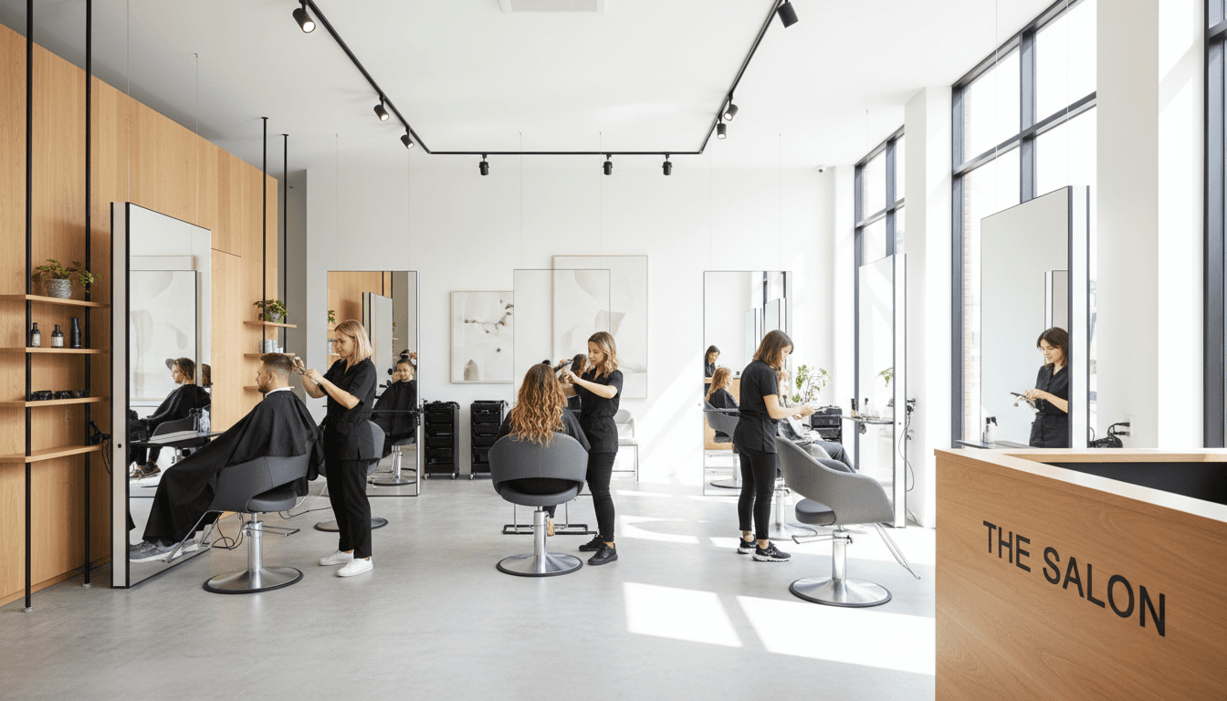 Interior elegante do Studio Allure com design minimalista e iluminação sofisticada